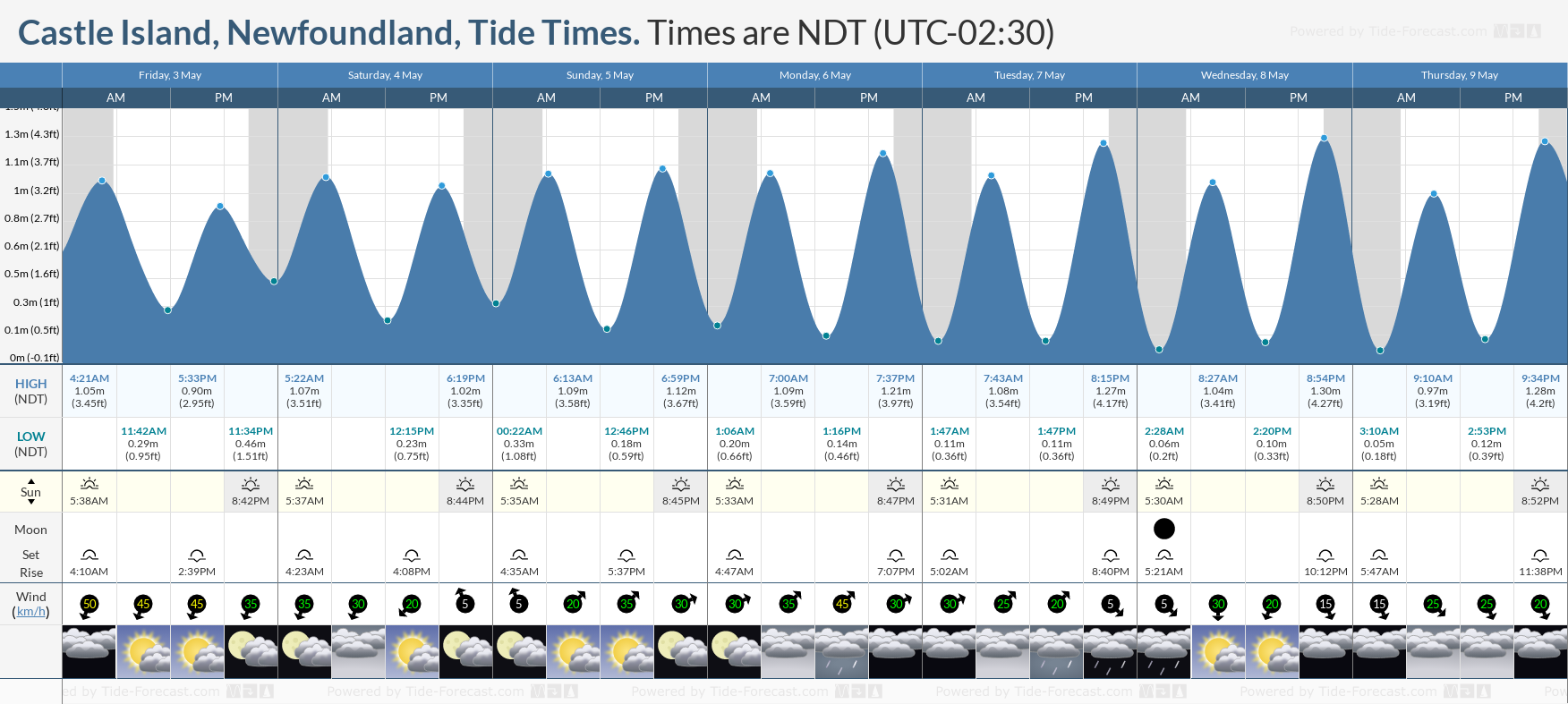 Castle Island, Newfoundland Tide Chart including high and low tide times for the next 7 days